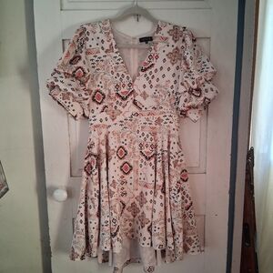 1. State Tiered Puff Sleeve High Low Mini Dress with Geometric and Floral Print